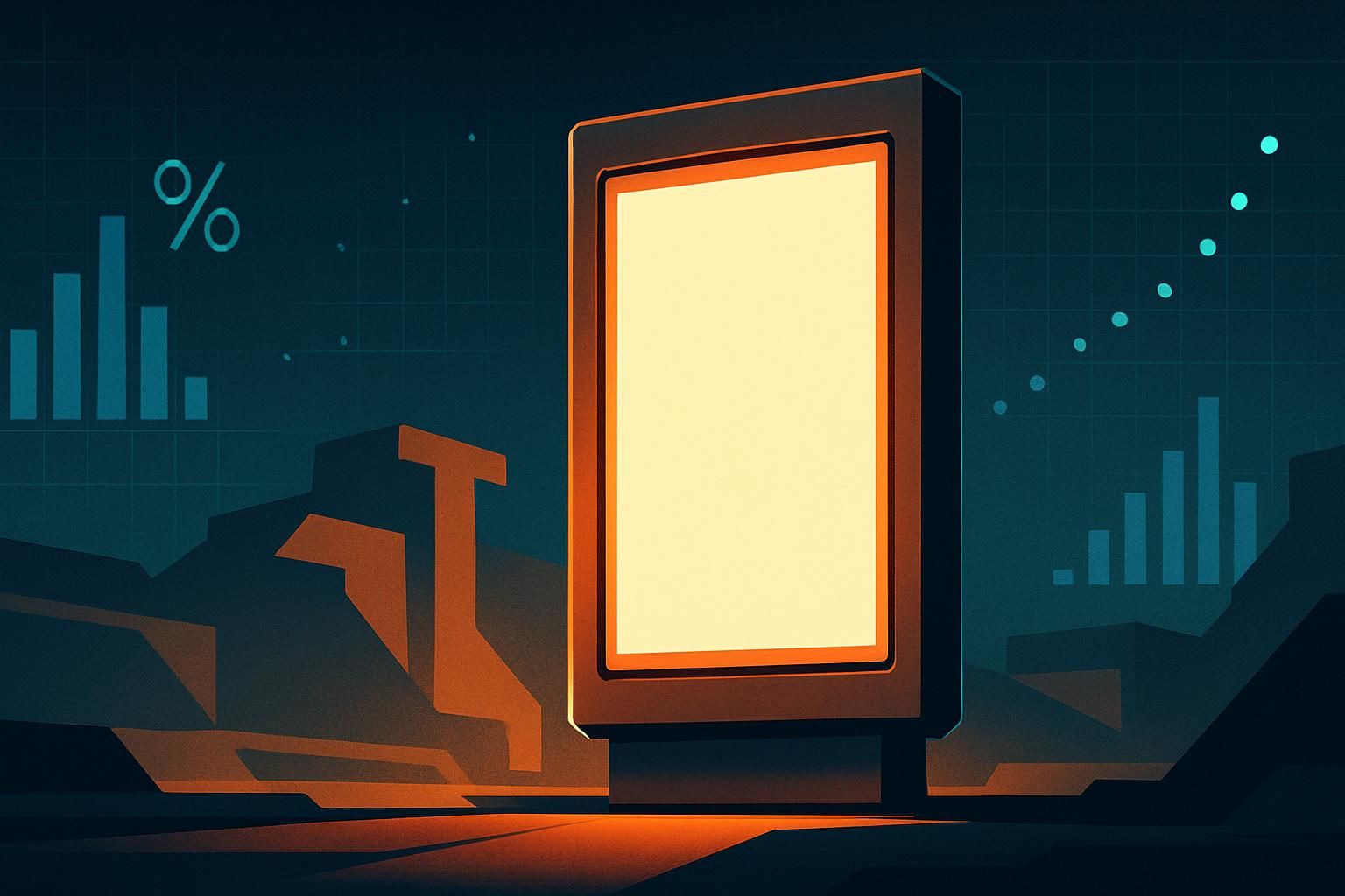 Illustration of a glowing blank billboard in a stylized game-like environment surrounded by faint, unfinished data charts and floating percentage symbols.