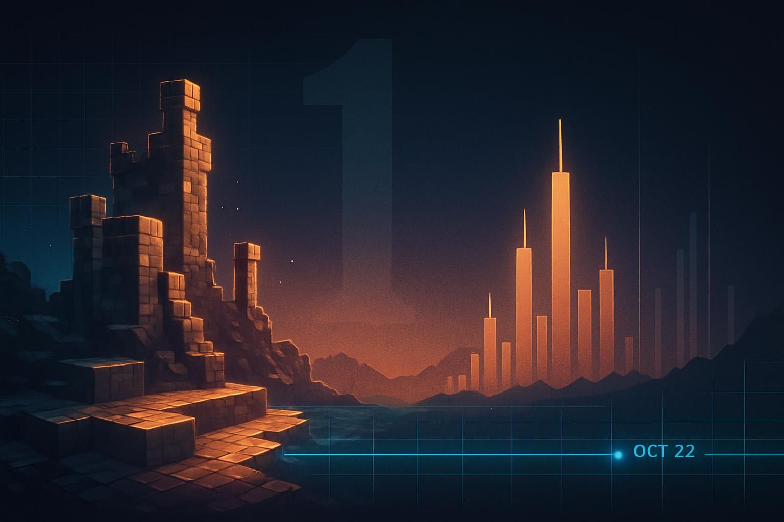 Illustration of a pixel-block fantasy landscape splitting into a modern data chart, with a glowing '1' in the background and an October 22nd timeline marker at the bottom.