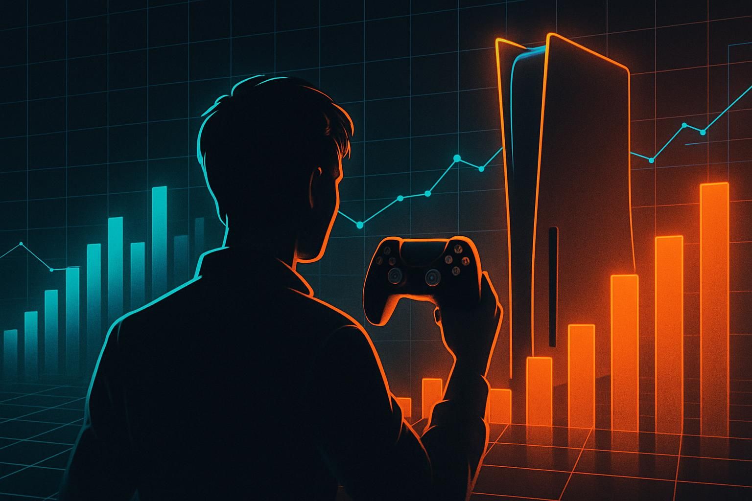 Abstract illustration of a generic game controller silhouette surrounded by glowing ranked bar-chart columns on a dark gradient background.