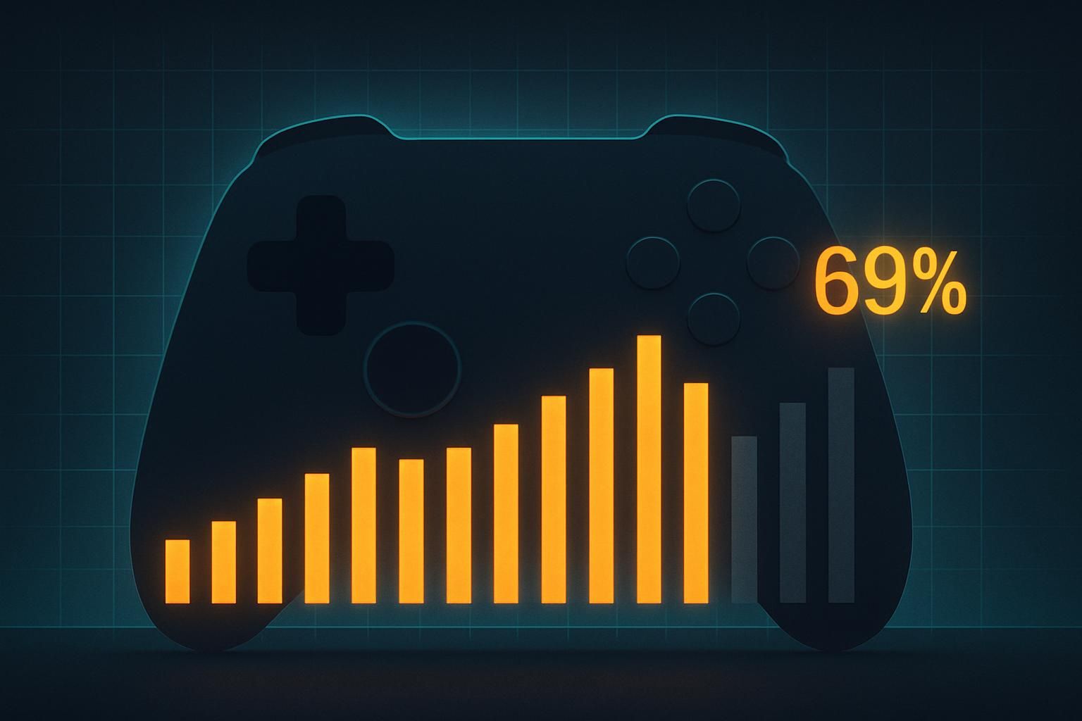 Abstract illustration of a geometric controller silhouette with a bar chart overlay showing 11 of 16 bars highlighted in gold, representing PlayStation's demo-to-reveal ratio at Summer Game Fest 2026.