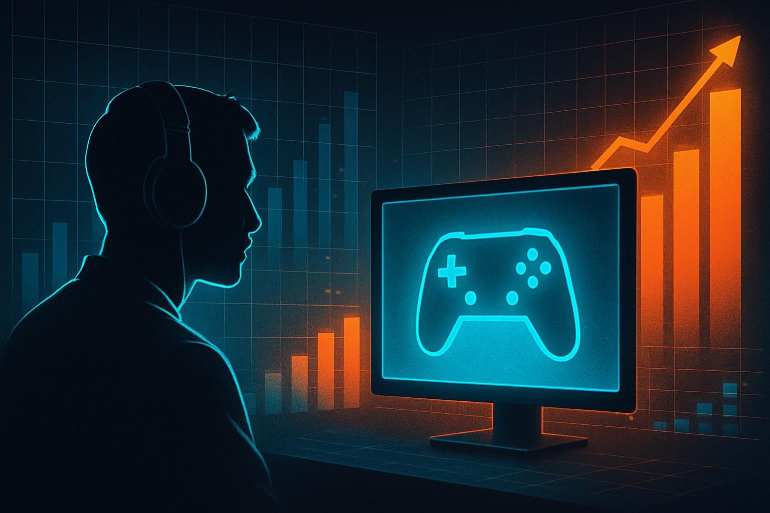 Illustration of a presenter silhouette on a dark stage facing a glowing bar chart with a 4.2M label, evoking a record-breaking gaming livestream event.
