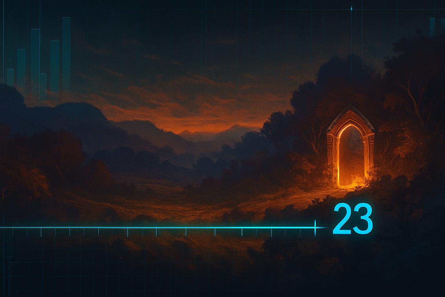 Illustrated fantasy archway glowing at the end of a 23-year timeline bar, evoking a celebrated studio's first arrival on PC.