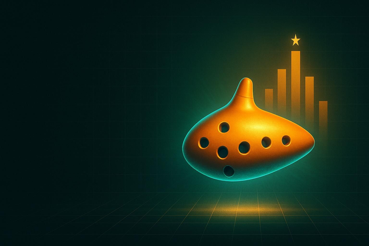Illustration of a glowing ocarina artifact hovering over a rising bar chart on a forest-green and gold background, evoking a landmark gaming announcement.